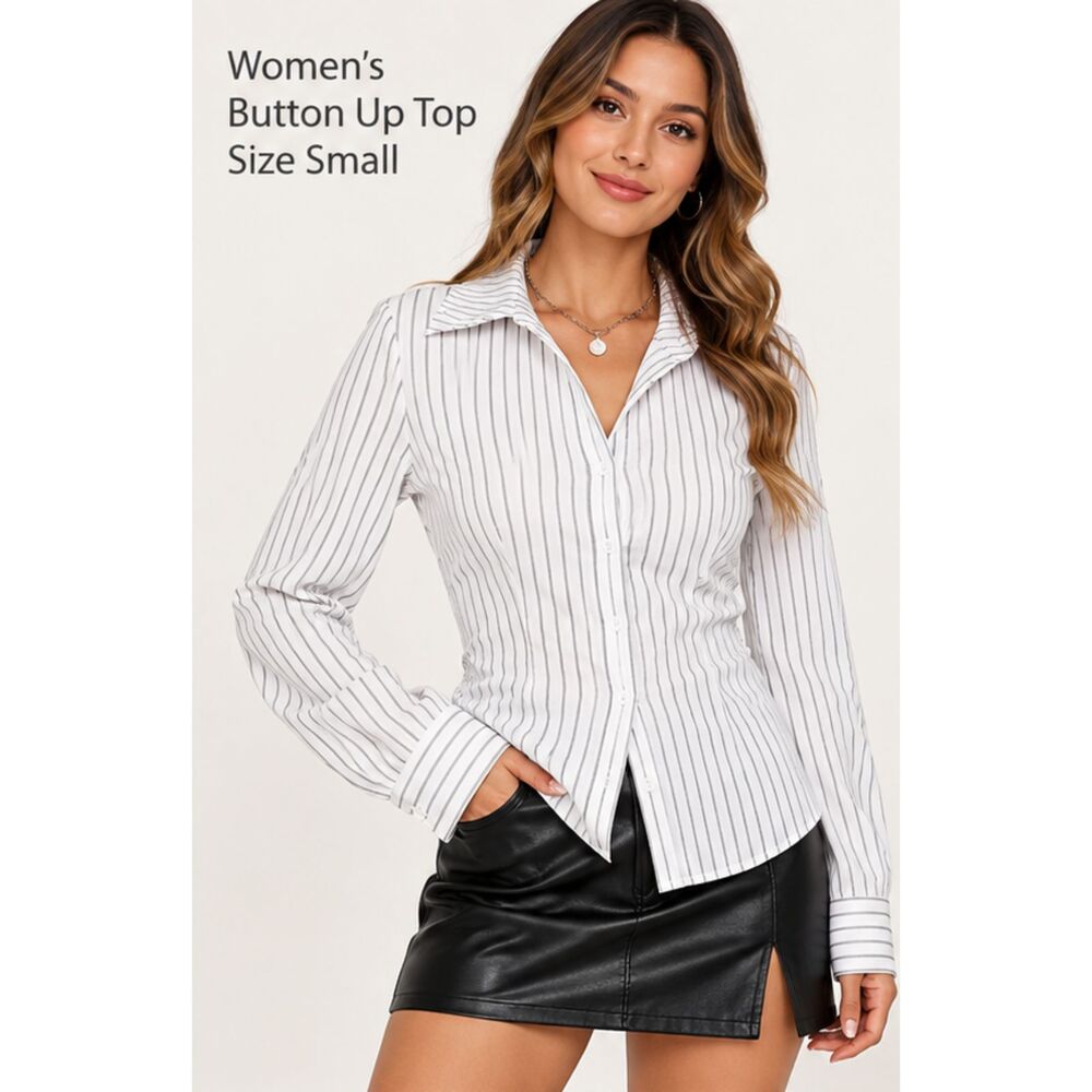 Women's Gray White Striped Fitted Button Down Blouse Long Sleeve Size Small NWT